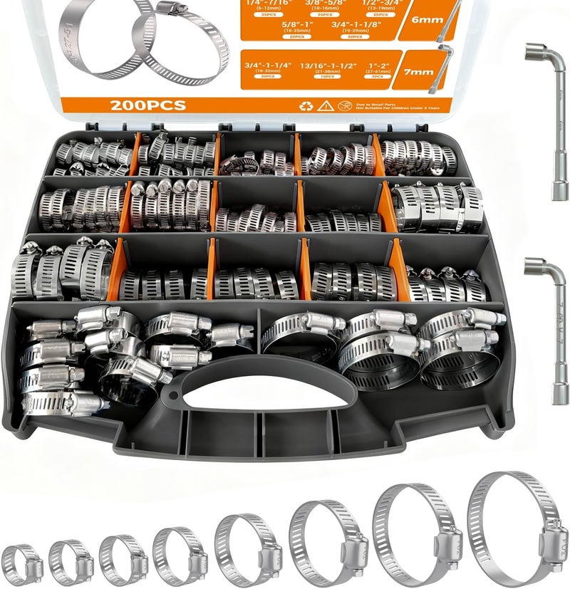 DREXON Hose Clamp Assortment 200PCS Hose Clamp 304 Stainless Steel Kit Adjustable 1/4"~2"(6~51mm) Worm Gear Hose Clamp, Heavy Duty Small Hose Clamps for Automotive, Fuel Line, Pipe, Radiator - Image 1